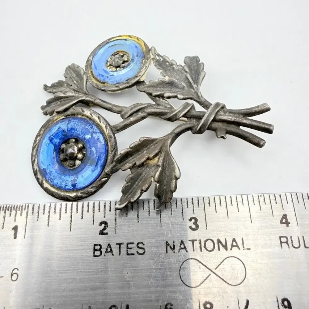 Vintage LN/25 Little Nemo Pot Metal Flower Brooch Pin Blue Glass Cabochons